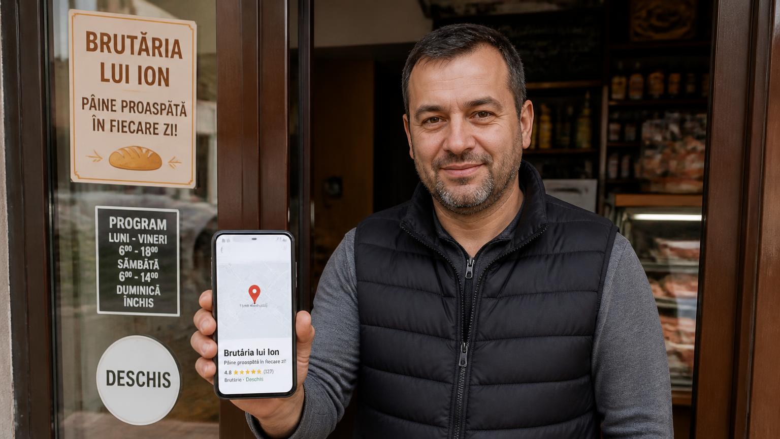 Antreprenor local care își arată profilul de Google Business pe telefon